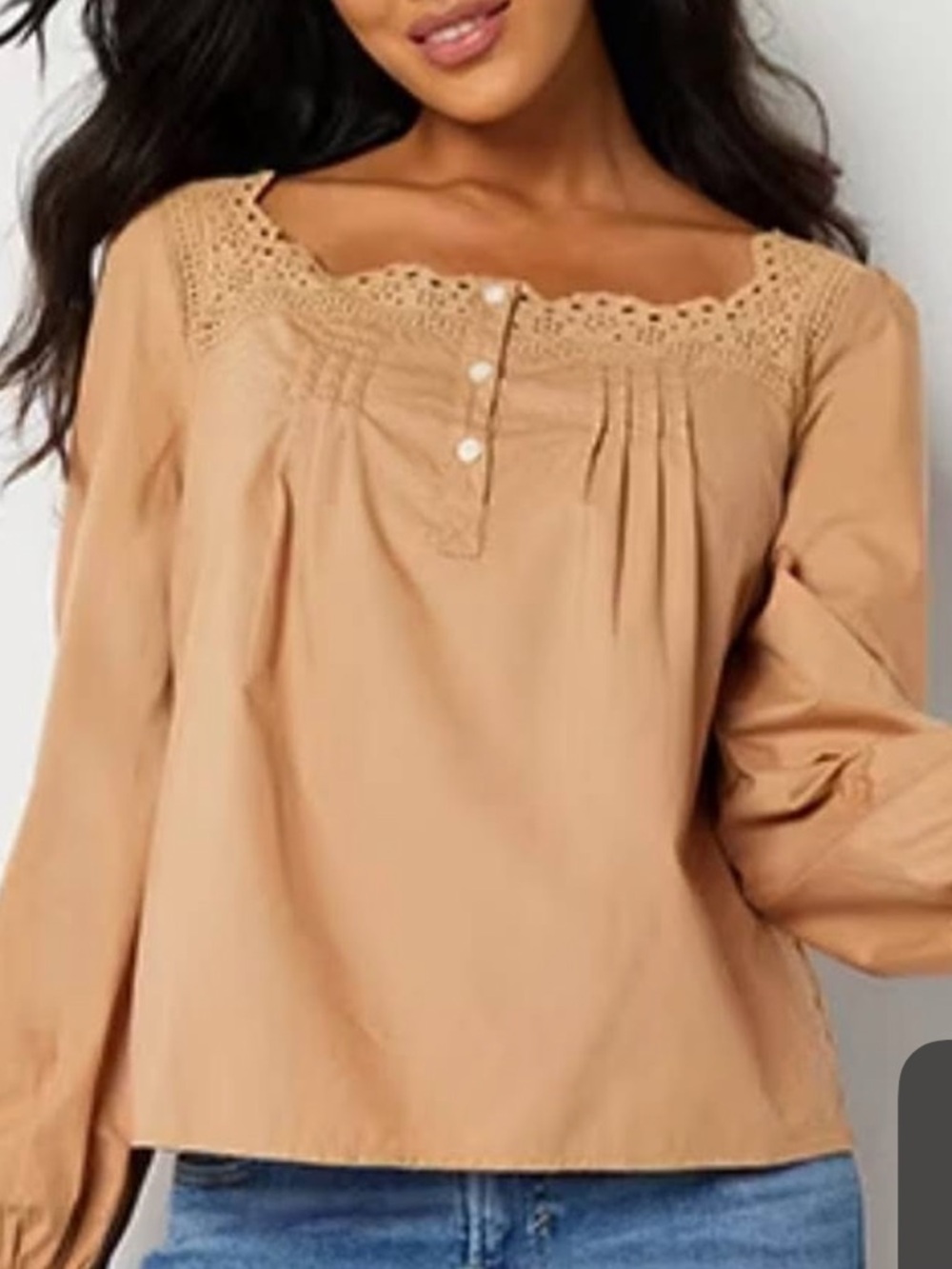 A.n.a Women’s Crochet Yoke Long Sleeve Top - Tan